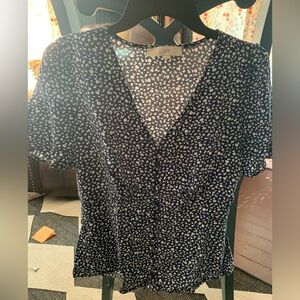 LOFT Navy and Cream Floral Blouse